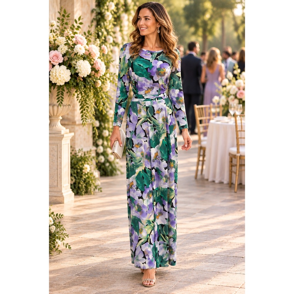 Anne Klein Women's Printed Mesh Watercolor Blooms 3/4 SLV Maxi Dress L Wedding